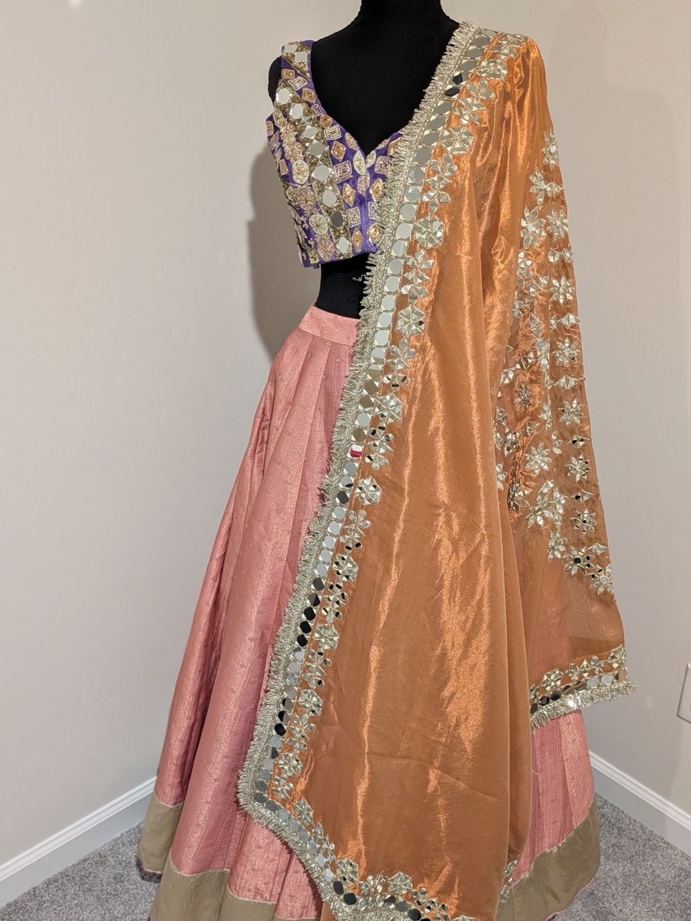 Pink and Peach Mirrorwork Lehenga Set - Women's Festive Wear - Picture 5 of 6